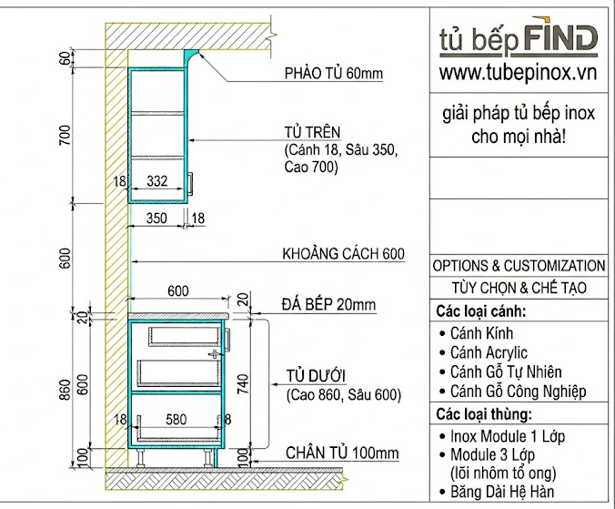 Kich thước tiêu chuẩn tủ bếp