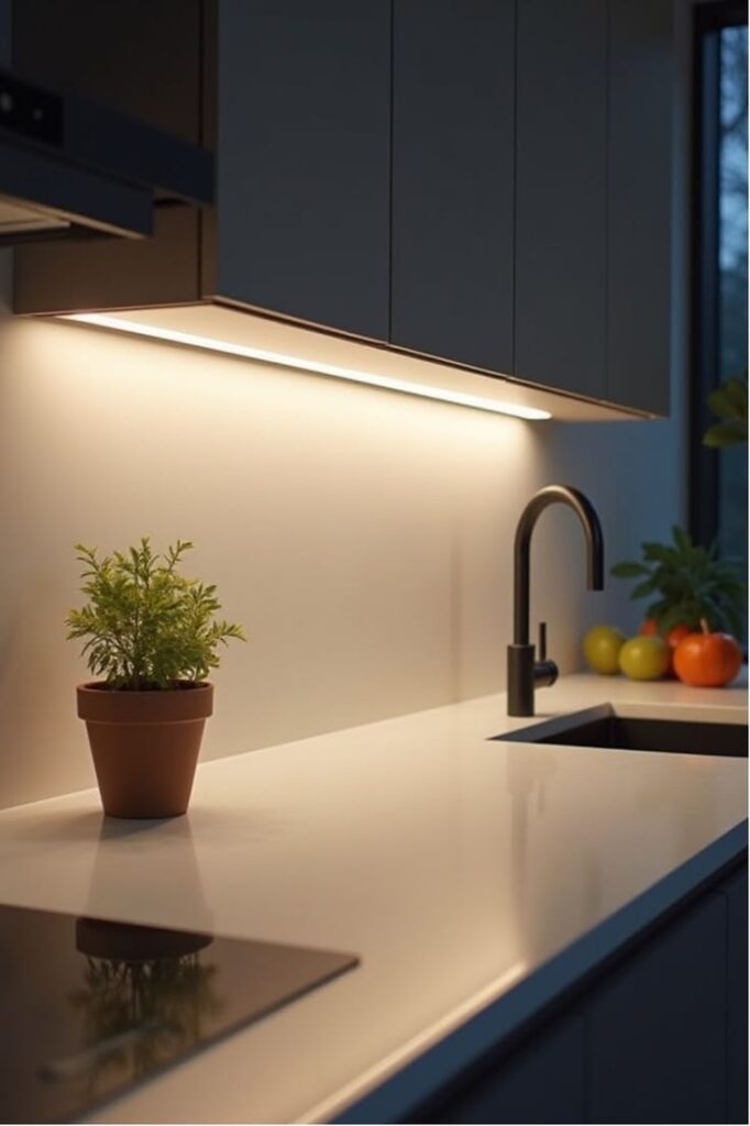 Đèn LED trang trí: Bí quyết làm tăng vẻ lung linh cho tủ bếp inox cánh kính Tủ bếp Inox Module, Tủ bếp Inox FIND den led,tu bep inox Tủ bếp trong không gian buổi tối có ánh đèn LED