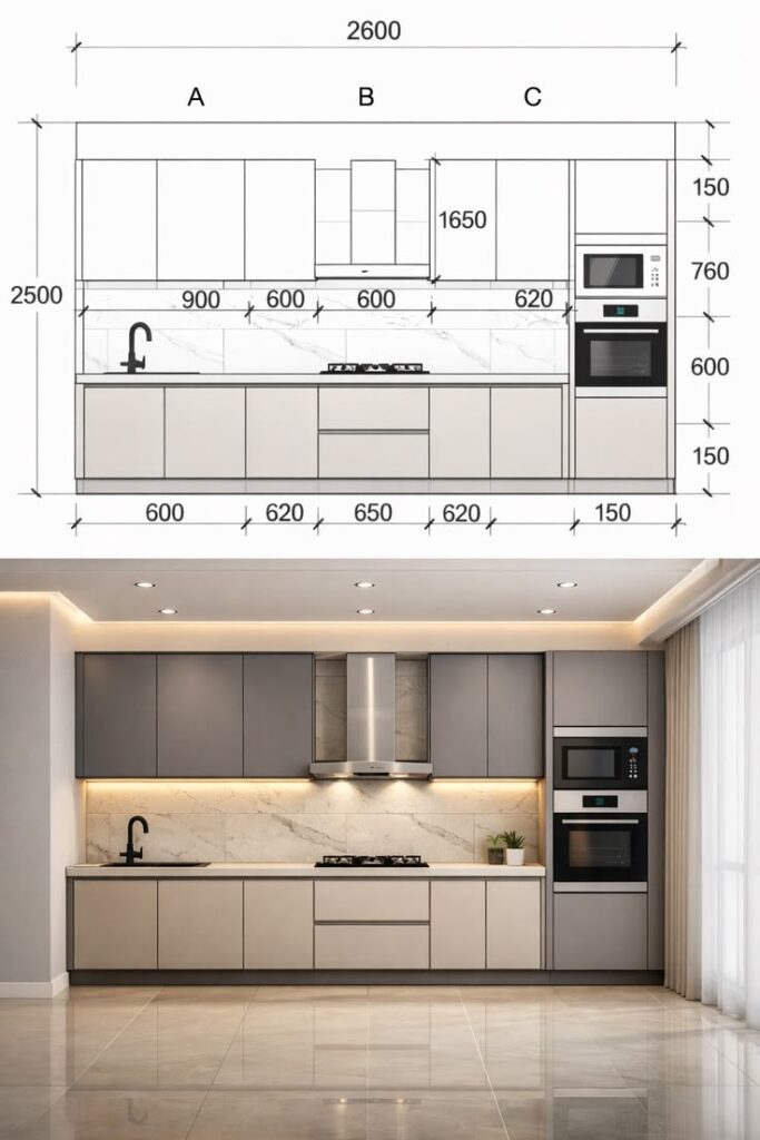 Bản vẽ phối cảnh 3D sắc nét của một bộ tủ bếp inox cánh kính hiện đại