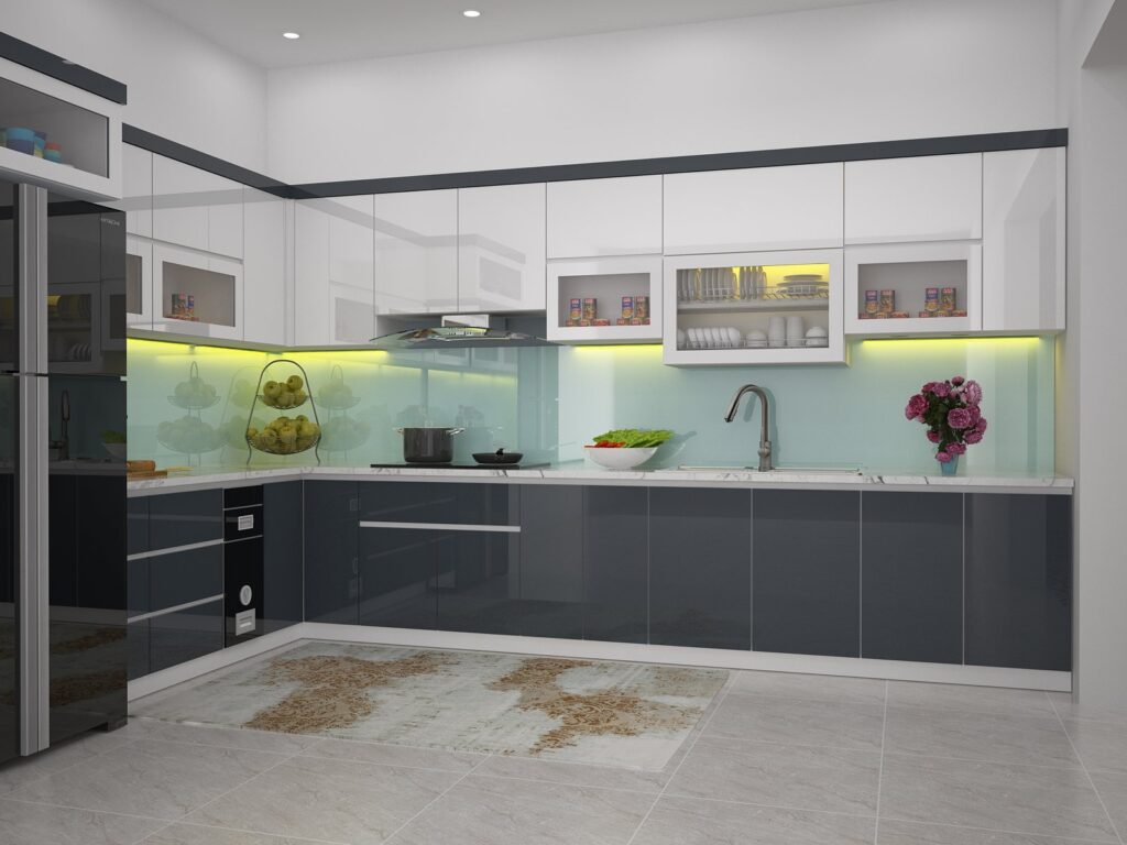 tủ bếp inox cánh acrylic bóng gương