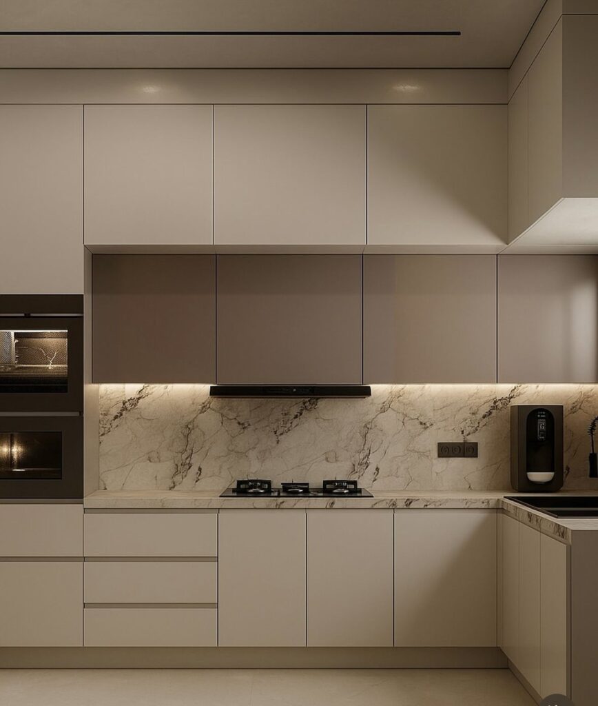 Tủ bếp inox cánh acrylic hệ module hiện đại