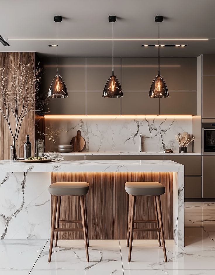 Phối cảnh góc rộng một căn bếp thiết kế mở phong cách Minimalism.