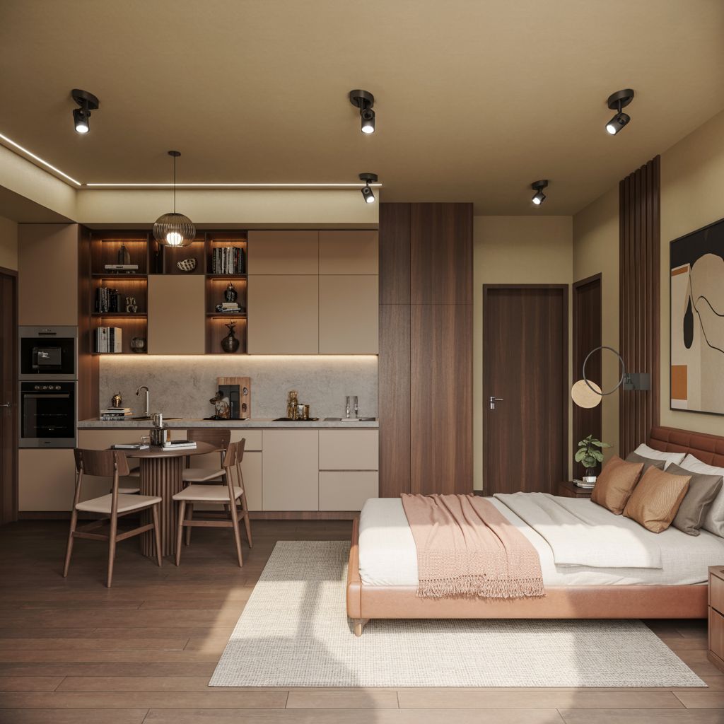 Hình ảnh góc nhìn toàn cảnh (Panorama) một căn hộ studio hiện đại
