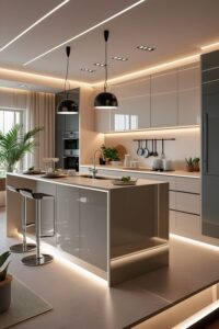 Hình ảnh không gian tổng thể phòng bếp liền phòng khách