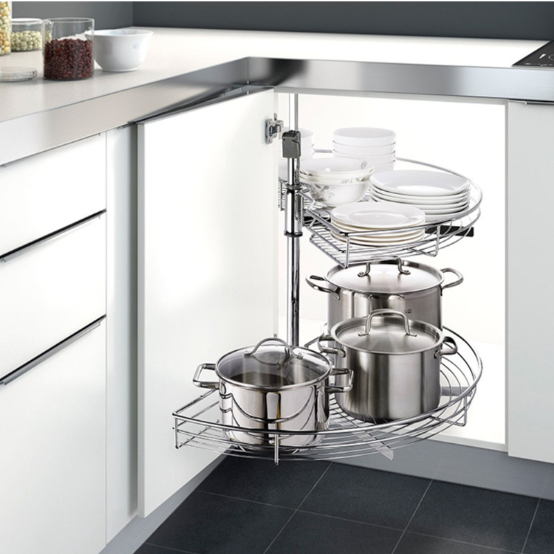 Phụ Kiện Góc Thông Minh: Tận Dụng "Góc Chết" Trong Tủ Bếp Chữ L Tủ bếp Inox Module, Tủ bếp Inox FIND phụ kiện,tu bep inox Mâm xoay lá hoặc kệ góc liên hoàn