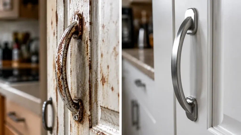 Mẹo Tẩy Vết Rỉ Sét Cứng Đầu Trên Inox Bằng Nguyên Liệu Tự Nhiên Dễ Làm Tại Nhà Tủ bếp Inox Module, Tủ bếp Inox FIND tẩy,tu bep inox trước và sau khi tẩy vết rỉ sét trên bề mặt tủ bếp inox