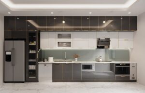 tủ bếp inox cánh kính cường lực
