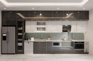Cánh Acrylic bóng gương kết hợp khung inox: Đỉnh cao của sự hiện đại. Cánh Acrylic bóng gương