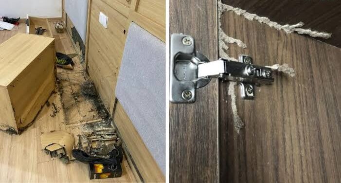 Nỗi lo mối mọt phá hủy tủ bếp gỗ: Tủ bếp inox có phải cứu cánh? Tủ bếp Inox Module, Tủ bếp Inox FIND TỦ BẾP INOX Gỗ công nghiệp MDF lõi xanh chống ẩm vẫn bị mối mọt phá hủy nặng nề.