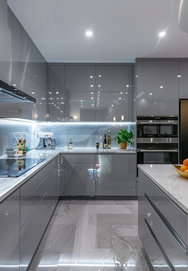 Tủ bếp inox với khung thùng màu ghi xám metallic sang trọng