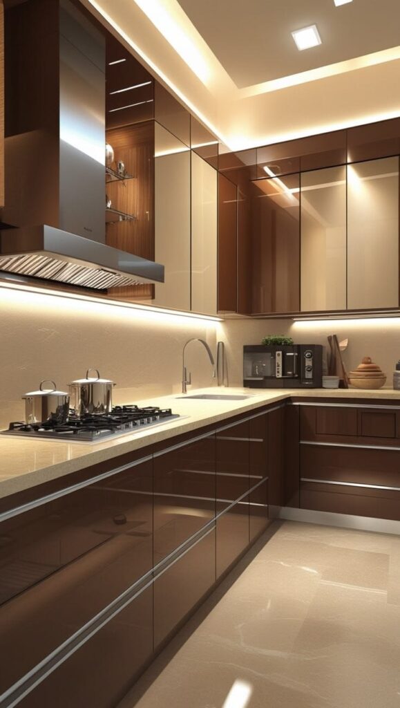 Tủ bếp inox cánh kính màu Champagne sáng bóng lộng lẫy trong biệt thự cao cấp