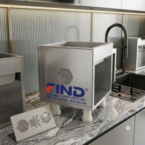 Tủ bếp Inox cánh kính module vân caro 3 lớp Tủ bếp inox cánh kính