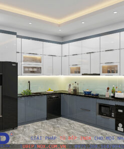 Tủ bếp Inox cánh Kính- Hệ module 1 lớp vân caro