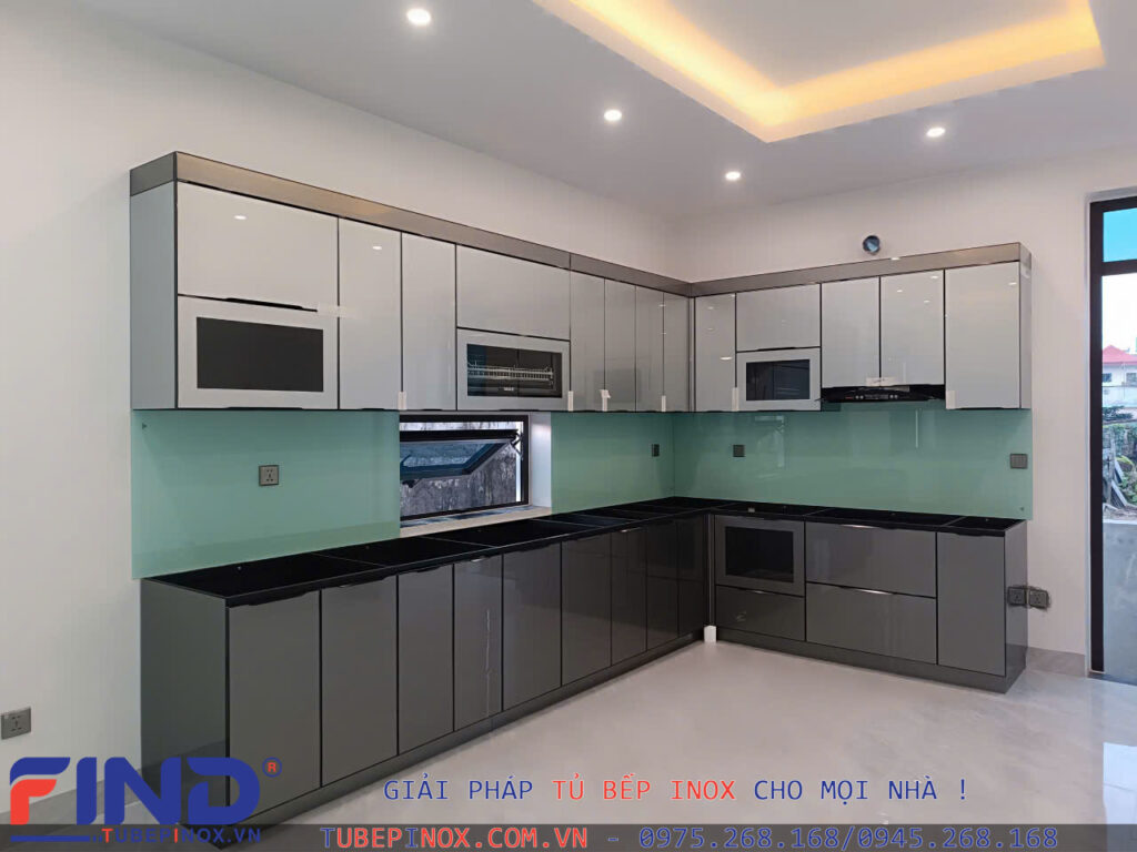 Tủ bếp inox cánh kính hệ modul 1 lớp vân caro