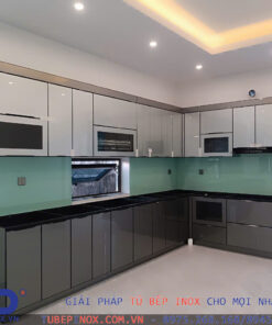 Tủ bếp inox cánh kính hệ modul 1 lớp vân caro