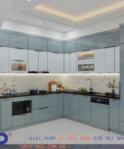 Tủ bếp Inox cánh Kính - Hệ module 3 lớp vân caro 02