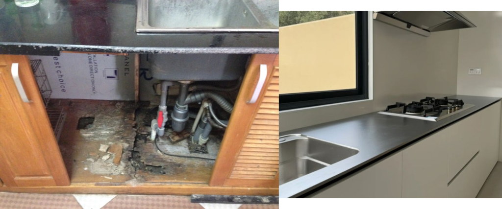Tại sao tủ bếp inox là món quà tuyệt vời nhất tặng vợ? Tủ bếp Inox Module, Tủ bếp Inox FIND tủ bếp inox So sánh góc tủ bếp gỗ bị mục nở, mối mọt với bề mặt thùng tủ inox 304 modul FIND khô ráo, sáng bóng
