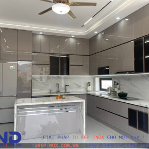 Tủ bếp Inox cánh Acrylic An cường - Hệ module 3 lớp vân caro