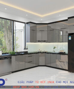Tủ bếp Inox cánh Acrylic - Hệ liền khối hàn chấn Inox mờ 2B