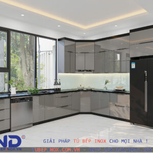 Tủ bếp Inox cánh Acrylic - Hệ liền khối hàn chấn Inox mờ 2B