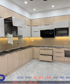 Tủ bếp Inox cánh Acrylic - Hệ liền khối hàn chấn sơn tĩnh điện