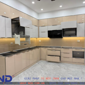 Tủ bếp Inox cánh Acrylic - Hệ liền khối hàn chấn sơn tĩnh điện
