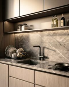sự kết hợp giữ inox (kim) và cánh gỗ (mộc): đỉnh cao của sự hài hòa.