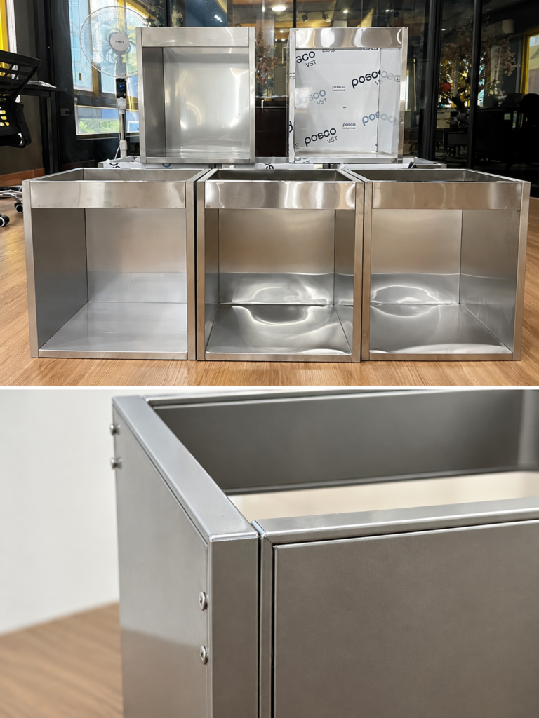 Chi tiết công nghệ chấn dập CNC gân tăng cứng thùng tủ bếp inox 304 FIND.