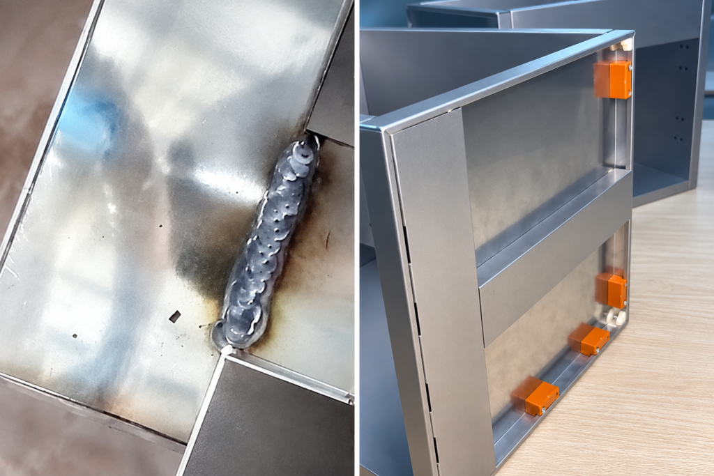 So sánh cận cảnh mối hàn chấm thủ công dễ gỉ sét ở tủ inox hộp đối lập với liên kết module bắt vít chuẩn xác, thẩm mỹ ở tủ inox dập khung FIND.