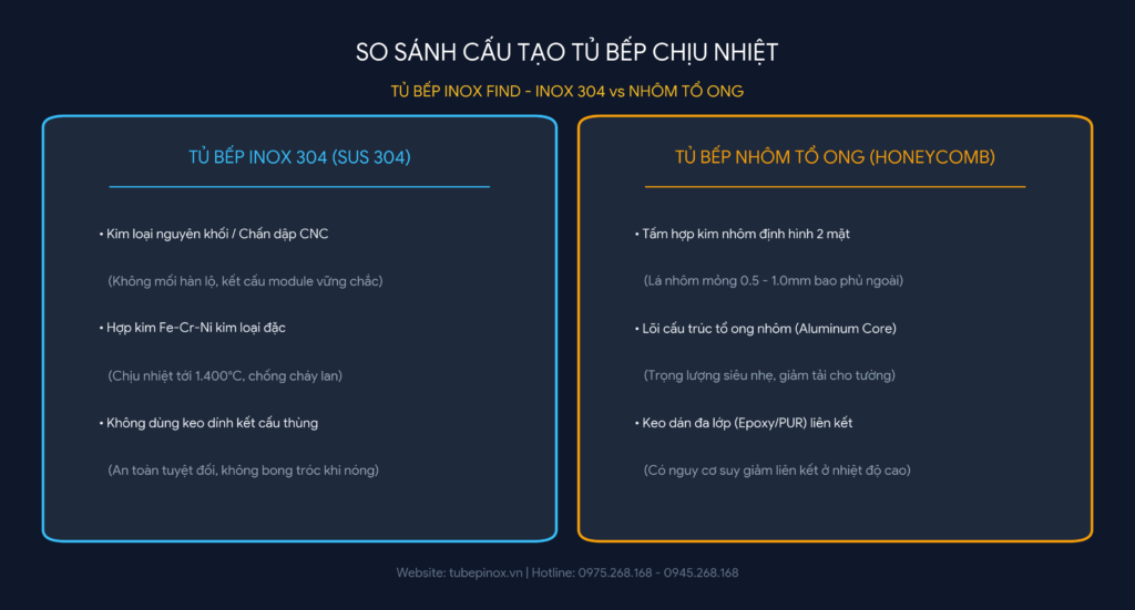 Phân tích khả năng chịu nhiệt của tủ bếp inox so với tủ bếp nhôm tổ ong.
