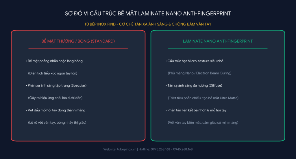Độ bám vân tay: trận chiến gữa cánh Laminate và cánh inox mờ. Tủ bếp Inox Module, Tủ bếp Inox FIND Sơ đồ minh họa vi cấu trúc bề mặt Laminate mờ Nano Anti-fingerprint giúp tán xạ ánh sáng và ngăn vết dầu tay đọng lại.