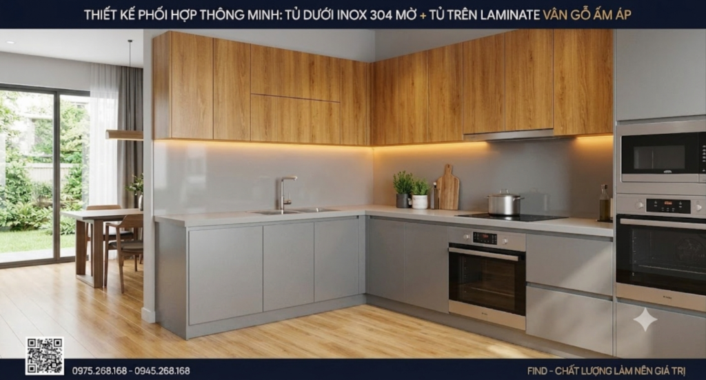 Độ bám vân tay: trận chiến gữa cánh Laminate và cánh inox mờ. Tủ bếp Inox Module, Tủ bếp Inox FIND Độ bám vân tay: trận chiến gữa cánh Laminate và cánh inox mờ.