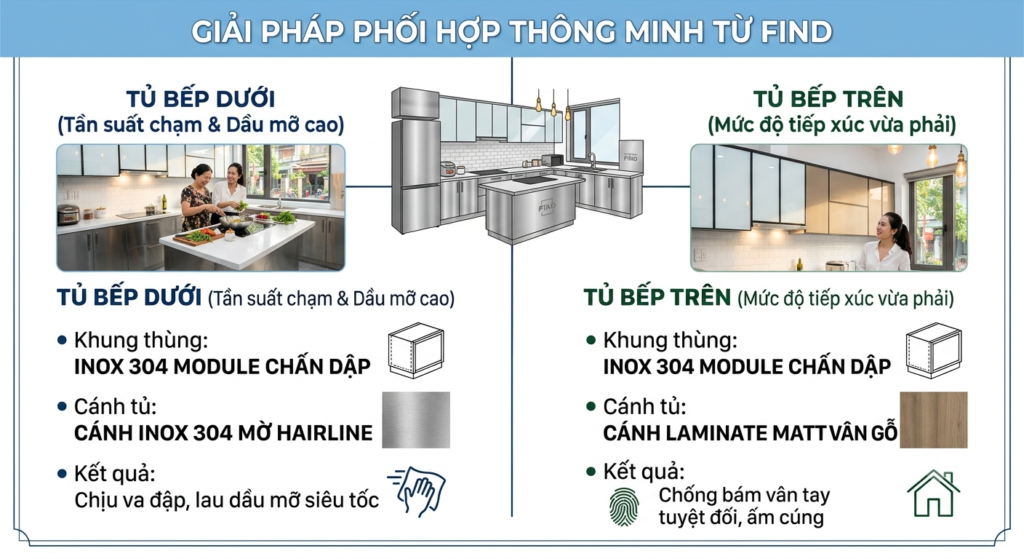 Độ bám vân tay: trận chiến gữa cánh Laminate và cánh inox mờ. Tủ bếp Inox Module, Tủ bếp Inox FIND Độ bám vân tay: trận chiến gữa cánh Laminate và cánh inox mờ.