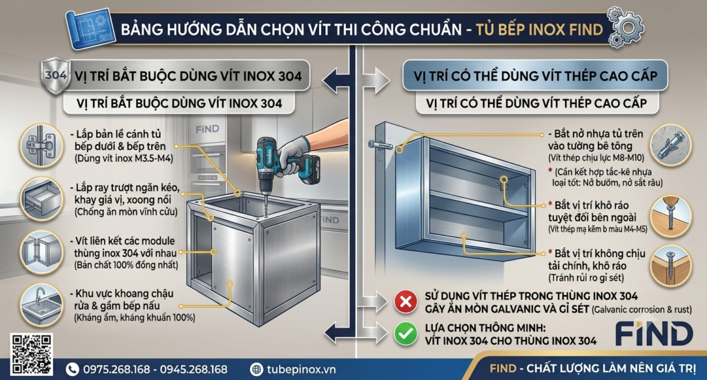 Nên chọn vít inox hay vít thép khi thi công tủ bếp. Tủ bếp Inox Module, Tủ bếp Inox FIND Nên chọn vít inox hay vít thép khi thi công tủ bếp.