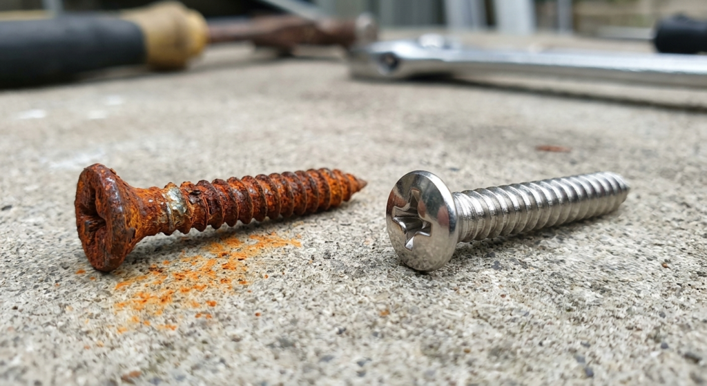 Nên chọn vít inox hay vít thép khi thi công tủ bếp. Tủ bếp Inox Module, Tủ bếp Inox FIND Hình ảnh so sánh bề mặt con vít thép mạ kẽm bị gỉ đỏ hoen hoen sau thời gian ngắn tiếp xúc độ ẩm và con vít inox 304 vẫn sáng bóng như mới.
