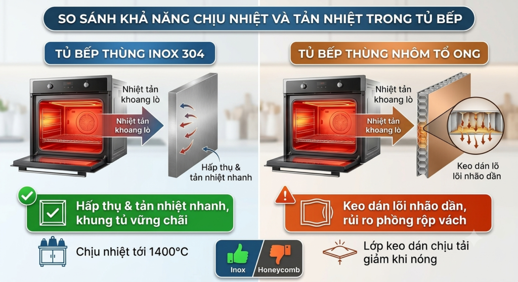 Phân tích khả năng chịu nhiệt của tủ bếp inox so với tủ bếp nhôm tổ ong.