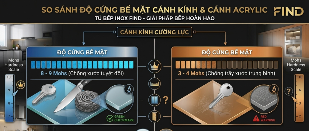 Tại sao tủ bếp inox cánh kính lại đắt hơn cánh acrylic. Tủ bếp Inox Module, Tủ bếp Inox FIND Tại sao tủ bếp inox cánh kính lại đắt hơn cánh acrylic.