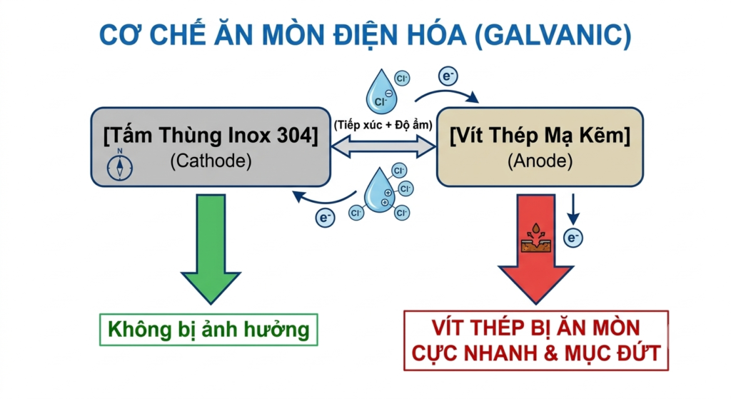 Nên chọn vít inox hay vít thép khi thi công tủ bếp. Tủ bếp Inox Module, Tủ bếp Inox FIND Sơ đồ minh họa cơ chế ăn mòn Galvanic làm mục đứt vít thép khi bắn vào tấm thùng inox 304.