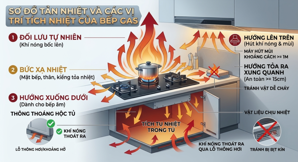 Sơ đồ vị trí tản nhiệt của bếp gas, bếp từ âm và lò nướng tác động trực tiếp lên hệ khung thùng tủ bếp dưới.