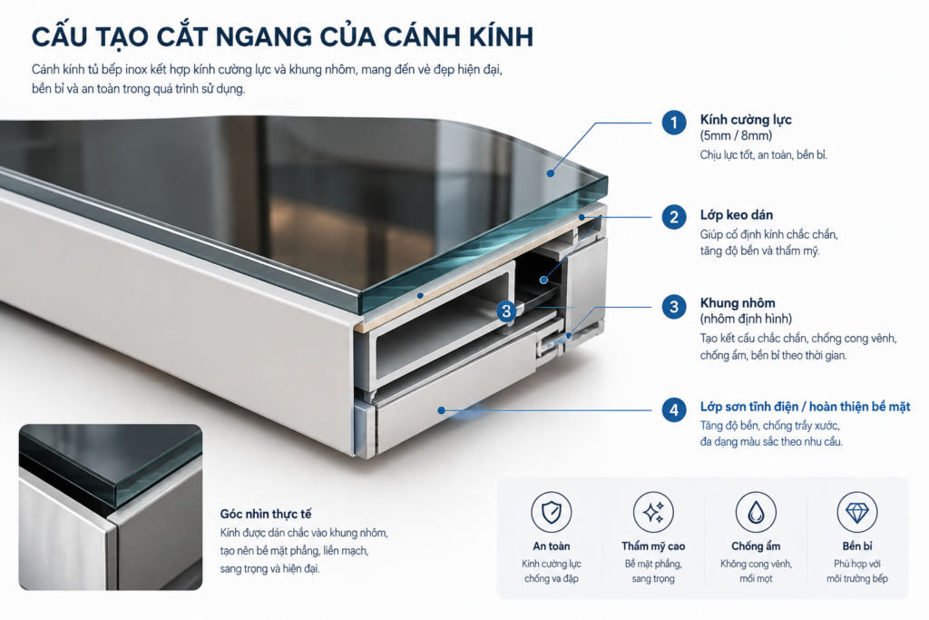 Tại sao tủ bếp inox cánh kính lại đắt hơn cánh acrylic. Tủ bếp Inox Module, Tủ bếp Inox FIND cấu tạo cắt ngang của cánh kính khung nhôm Anode