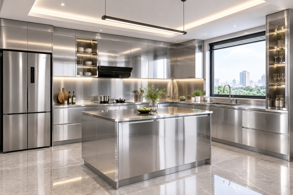 Sự khác biệt giữa inox xước (satin) và inox bóng (mirror) khi làm tủ. Tủ bếp Inox Module, Tủ bếp Inox FIND Hệ tủ bếp trên làm bằng inox bóng Mirror