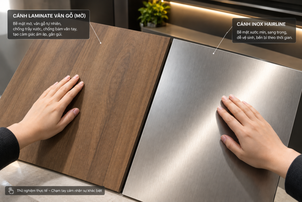 Độ bám vân tay: trận chiến gữa cánh Laminate và cánh inox mờ. Tủ bếp Inox Module, Tủ bếp Inox FIND Thử nghiệm thực tế chạm tay lên cánh Laminate mờ và cánh Inox Hairline dưới ánh đèn chiếu nghiêng.