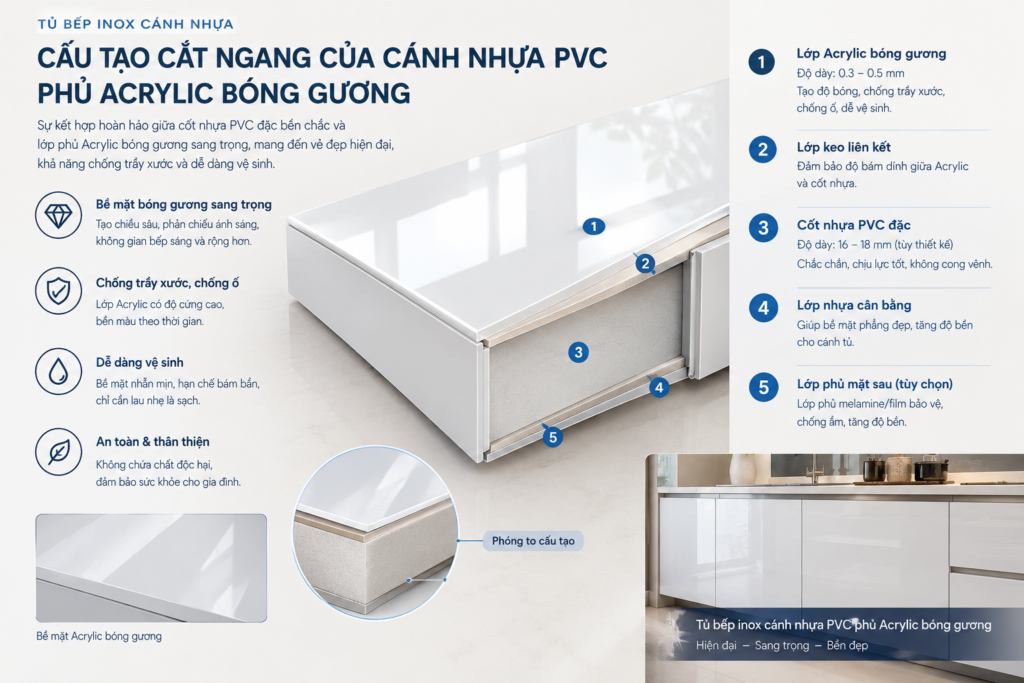 Tại sao tủ bếp inox cánh kính lại đắt hơn cánh acrylic. Tủ bếp Inox Module, Tủ bếp Inox FIND Cấu tạo cắt ngang cánh nhựa PVC phủ Acrylic bóng gương trên nền thùng inox 304.