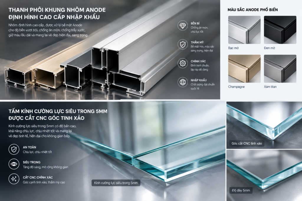 Tại sao tủ bếp inox cánh kính lại đắt hơn cánh acrylic. Tủ bếp Inox Module, Tủ bếp Inox FIND Hình ảnh thanh phôi khung nhôm Anode định hình cao cấp nhập khẩu và tấm kính cường lực siêu trong 5mm được cắt CNC góc tinh xảo.