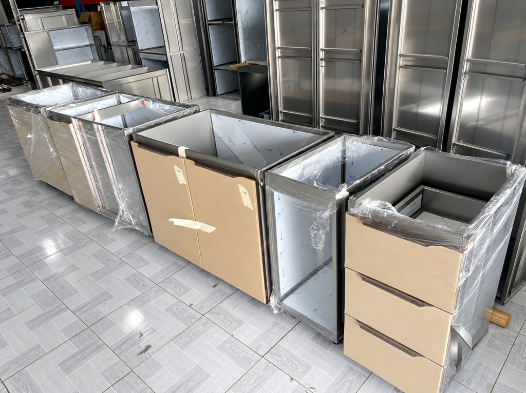 So sánh tủ bếp inox sơn tĩnh điện và tủ bếp inox nguyên bản. Tủ bếp Inox Module, Tủ bếp Inox FIND Cận cảnh bề mặt thùng tủ bếp inox 304 nguyên bản đánh xước Hairline tinh xảo, thể hiện rõ màu bạc kim loại sang trọng và các gân chấn dập sắc nét của Tủ Bếp Inox FIND.