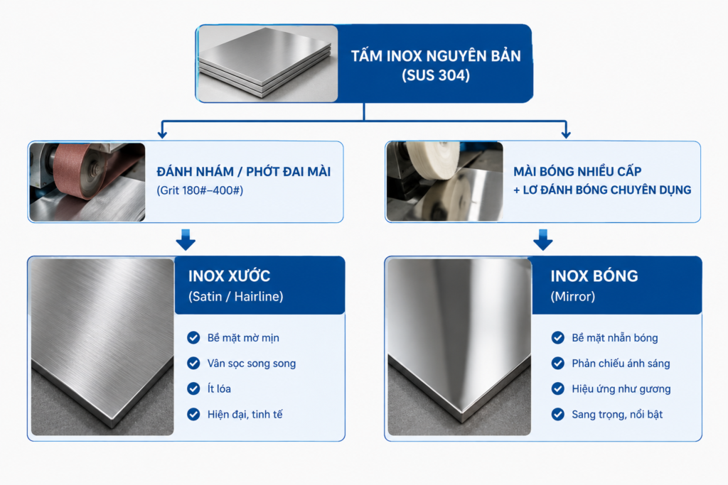 Sự khác biệt giữa inox xước (satin) và inox bóng (mirror) khi làm tủ. Tủ bếp Inox Module, Tủ bếp Inox FIND Sự khác biệt giữa inox xước (satin) và inox bóng (mirror) khi làm tủ.