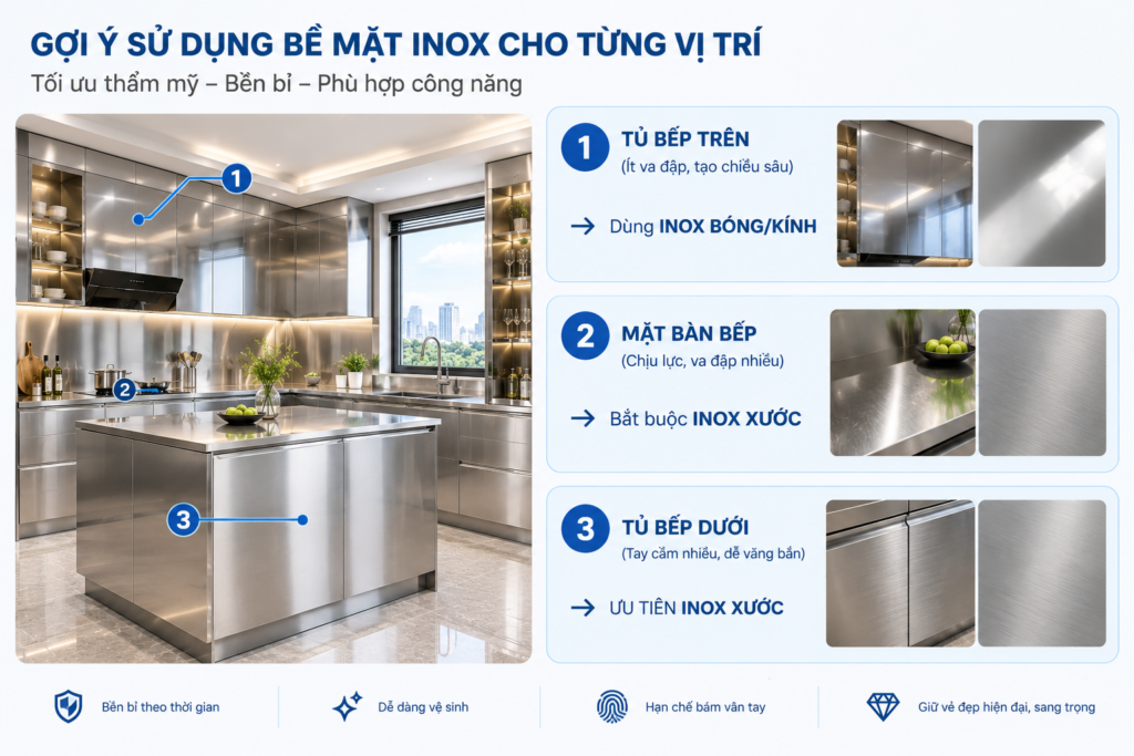 Sự khác biệt giữa inox xước (satin) và inox bóng (mirror) khi làm tủ. Tủ bếp Inox Module, Tủ bếp Inox FIND Sự khác biệt giữa inox xước (satin) và inox bóng (mirror) khi làm tủ.